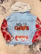 Load image into Gallery viewer, Plaid Sleeve Denim Jacket- Lets Go Chiefs and Kansas City+Players
