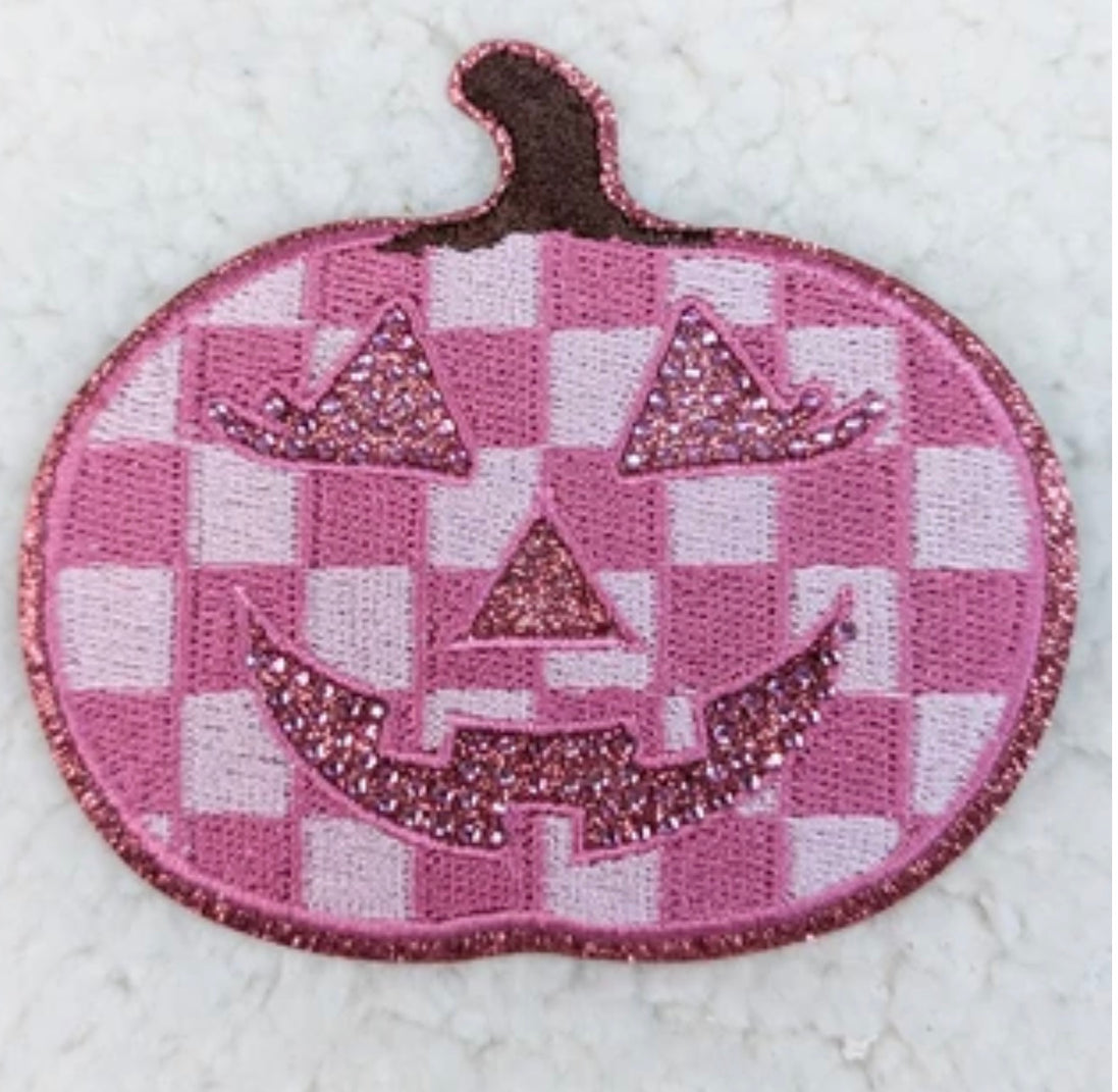 Checkered Pink Pumpkin Embroidered Halloween Patch
