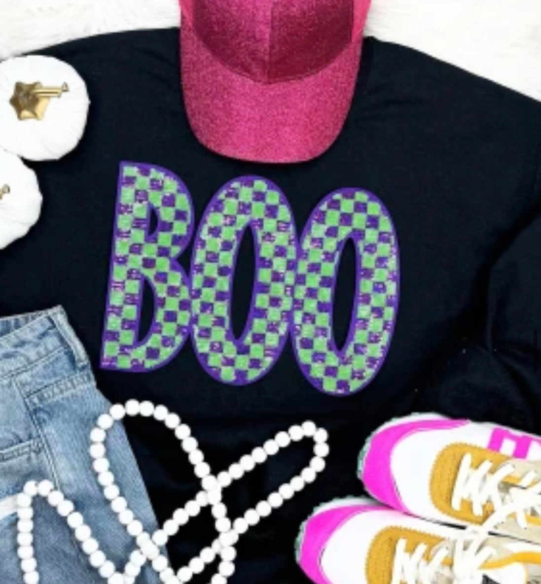 BOO Sequin Halloween Patch (checkered purple and green)