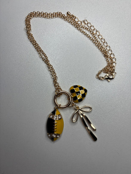 Black and Gold Necklace w/ Football, Heart, & Bow
