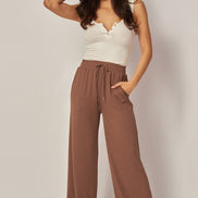 Stretchy Ribbed Drawstring Wide Leg Pants