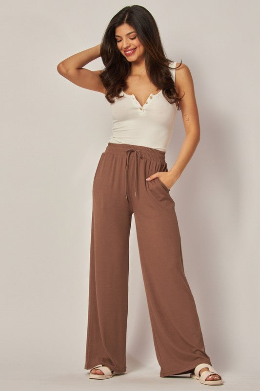 Stretchy Ribbed Drawstring Wide Leg Pants