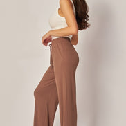 Stretchy Ribbed Drawstring Wide Leg Pants