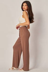 Stretchy Ribbed Drawstring Wide Leg Pants