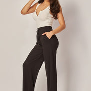 Stretchy Ribbed Drawstring Wide Leg Pants