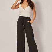 Stretchy Ribbed Drawstring Wide Leg Pants