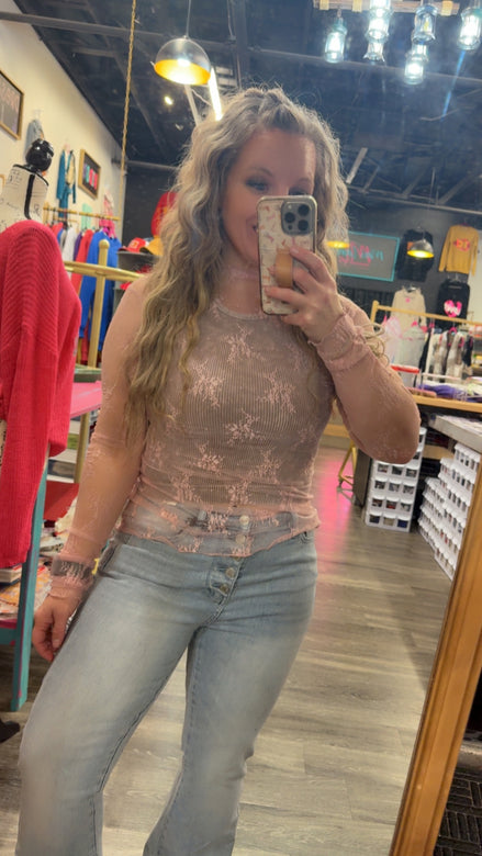 MESH LACE HIGH NECK DESIGN LONG SLEEVE FITTED TOP