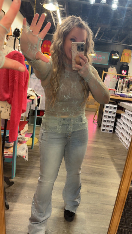 MESH LACE HIGH NECK DESIGN LONG SLEEVE FITTED TOP