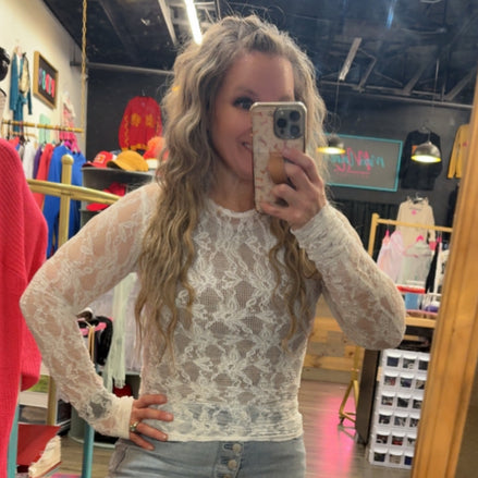 CHIC FLORAL LACE ROUND NECK DESIGN LONG SLEEVE FITTED TOP