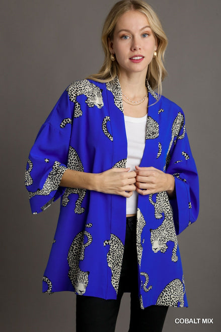 Cheetah Open Front Kimono (Cobalt Blue)