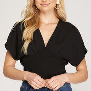 Plunged Neckline Top with Smocked Waist
