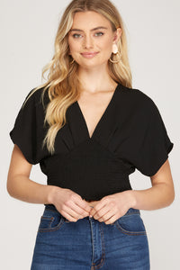 Plunged Neckline Top with Smocked Waist