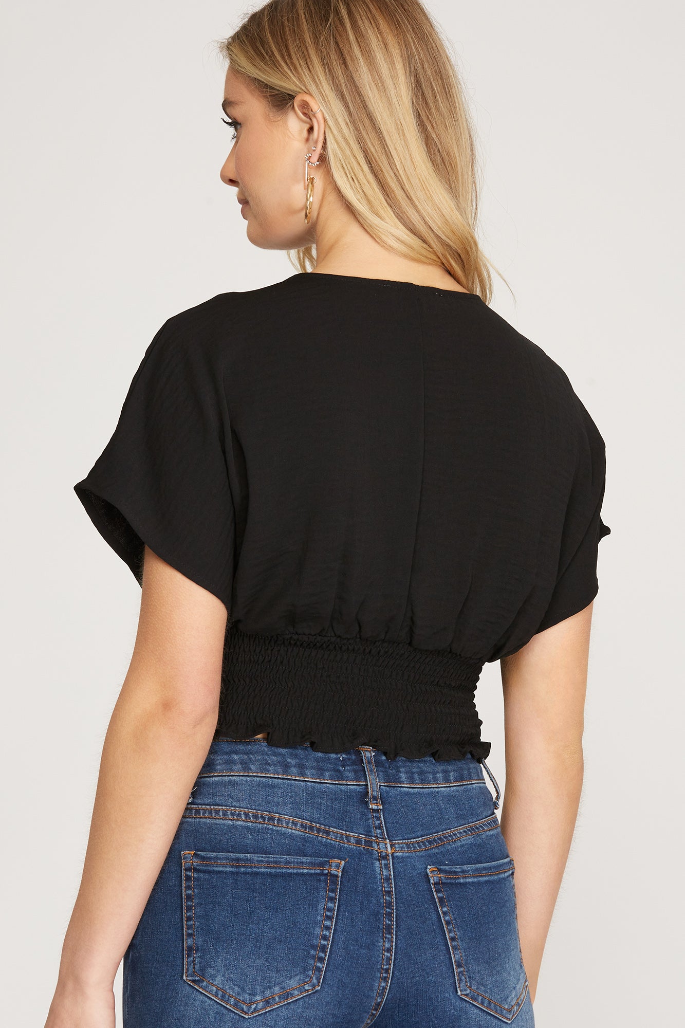 Plunged Neckline Top with Smocked Waist