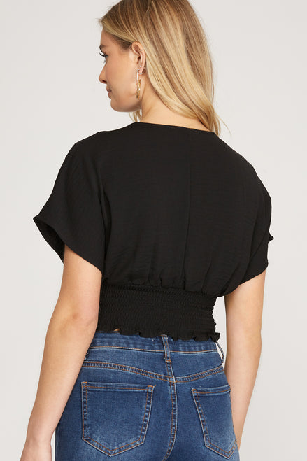 Plunged Neckline Top with Smocked Waist