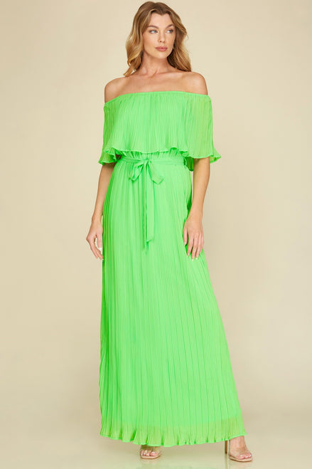 Off Shoulder Chiffon Maxi Dress (Apple Green)