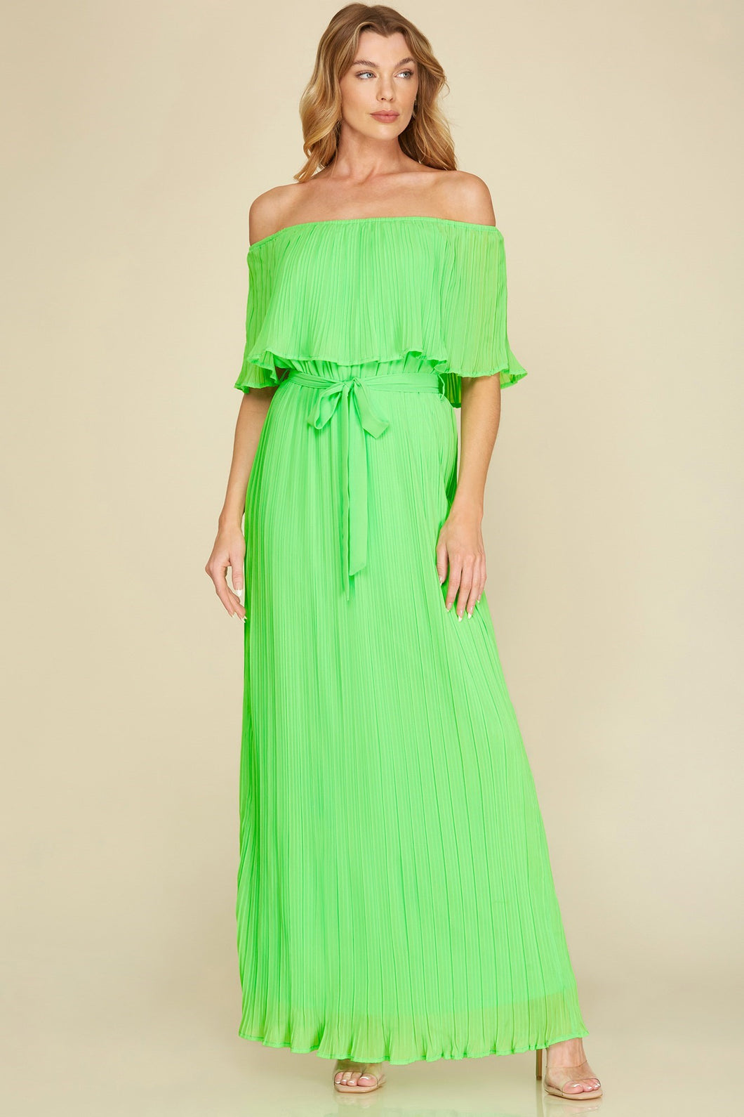 Off Shoulder Chiffon Maxi Dress (Apple Green)