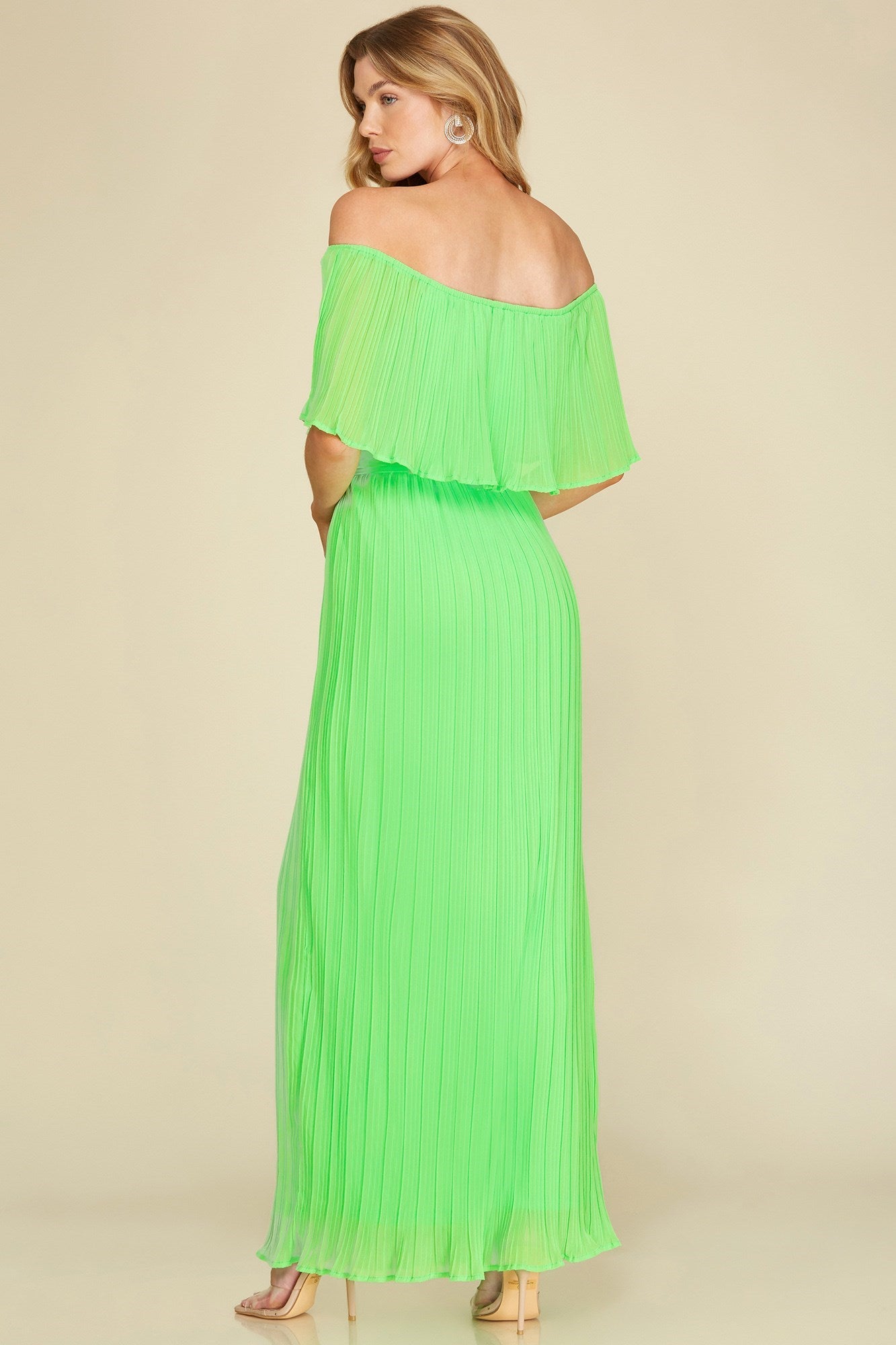 Off Shoulder Chiffon Maxi Dress (Apple Green)