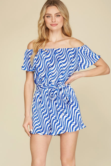 Plisse Off Shoulder Romper (Royal Blue)