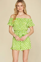 Load image into Gallery viewer, Plisse Off Shoulder Romper (Lime)
