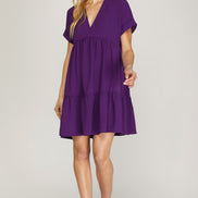 Drop Shoulder Sleeve V-Neck Dress