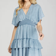 Smocked Waist Drop Shoulder Sleeve V-Neck Dress