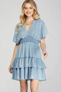 Smocked Waist Drop Shoulder Sleeve V-Neck Dress