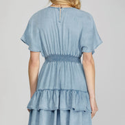 Smocked Waist Drop Shoulder Sleeve V-Neck Dress