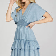 Smocked Waist Drop Shoulder Sleeve V-Neck Dress
