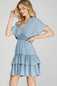 Smocked Waist Drop Shoulder Sleeve V-Neck Dress