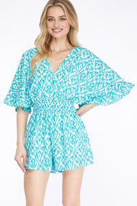 Kimono Sleeve V-Neck Romper w/Smocked Waist (Aqua)