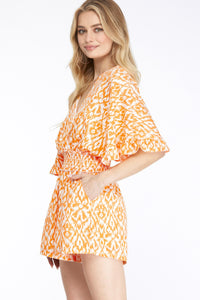 Kimono Sleeve V-Neck Romper w/Smocked Waist (Apricot)