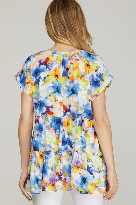 Drop Shoulder Floral Tunic Top (Blue/Yellow)