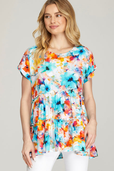 Drop Shoulder Floral Tunic Top (Aqua/Orange)