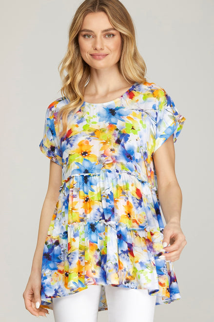 Drop Shoulder Floral Tunic Top (Blue/Yellow)