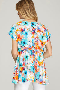 Drop Shoulder Floral Tunic Top (Aqua/Orange)