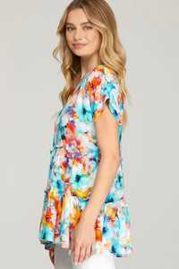 Drop Shoulder Floral Tunic Top (Aqua/Orange)