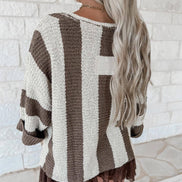 Red Stripe Colorblock V Neck Bracelet Sleeve Sweater