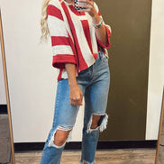 Red Stripe Colorblock V Neck Bracelet Sleeve Sweater