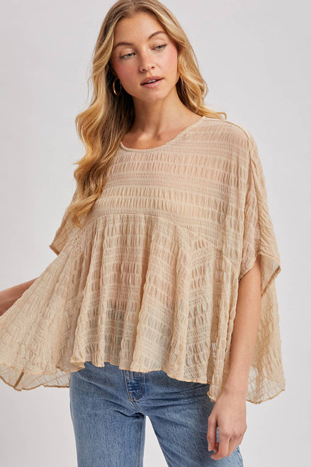 SHEER ASYMMETRIC TEXTURED CAPE TOP