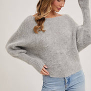 BOAT NECK DOLMAN SLEEVE RIBBED FUZZY KNIT SWEATER