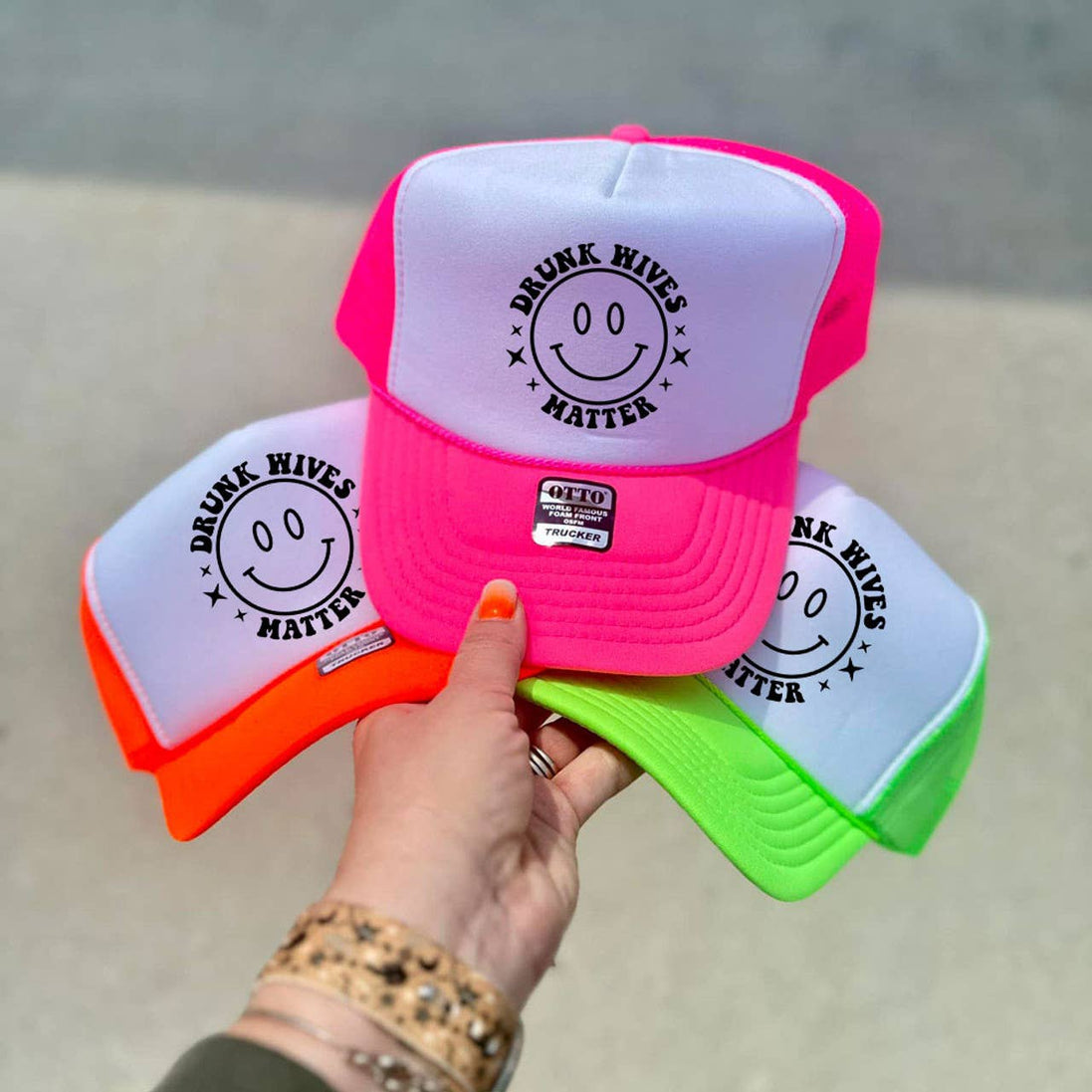 Drunk Wives Matter Happy Face NEON Foam Trucker Hat