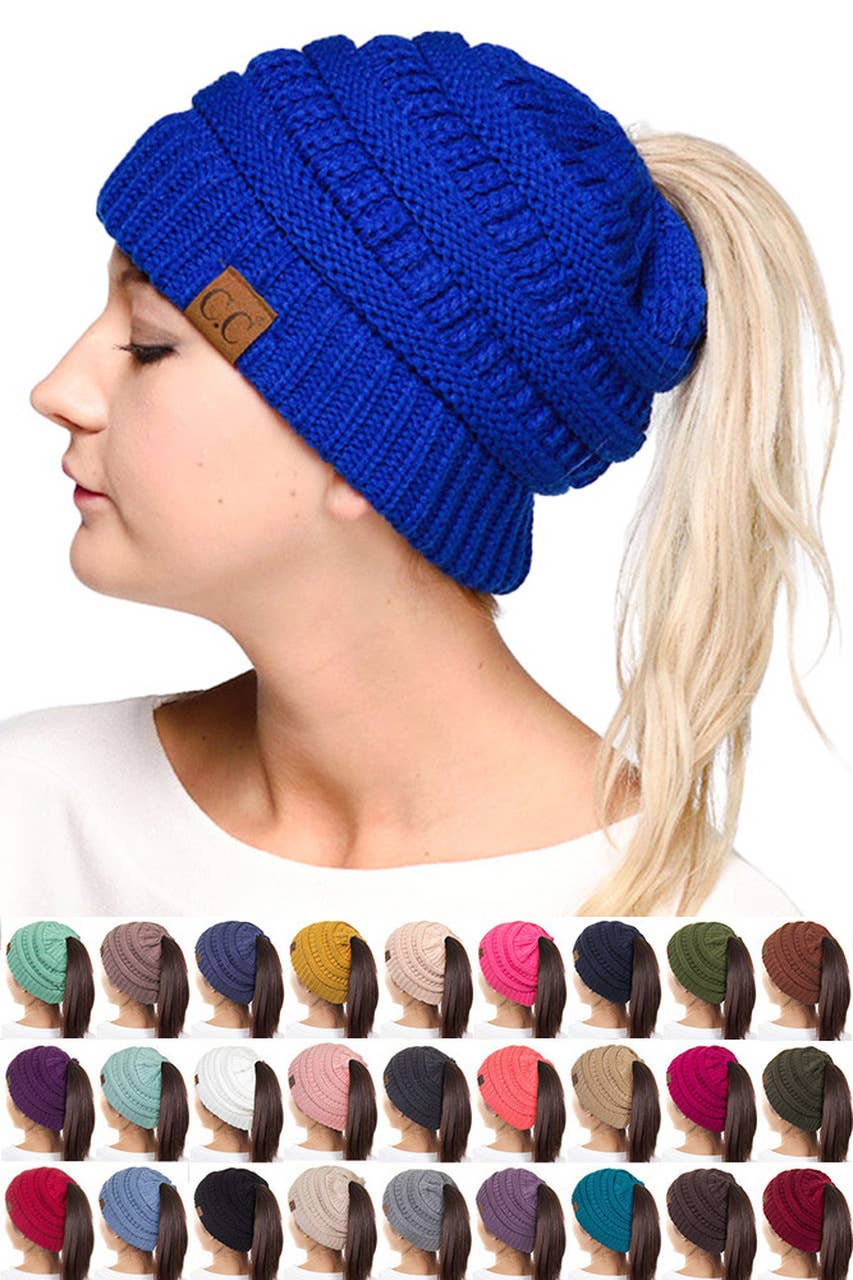 C.C Solid Color Ponytail Messy Bun Beanie