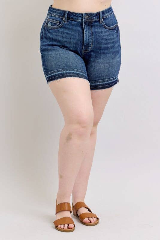JUDY BLUE High Waisted Tummy Control Destroy Release Hem Shorts - PLUS