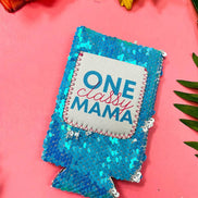 One Classy Mama Blue Sequin Can Cooler