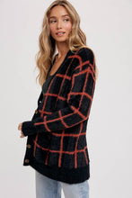 Load image into Gallery viewer, GRID PATTERN FUZZY CARDIGAN
