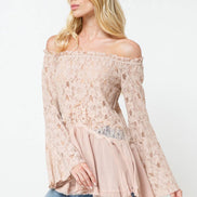 Off the Shoulder Lace Bell Sleeve Tunic Top