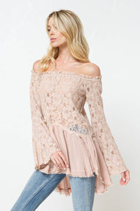 Off the Shoulder Lace Bell Sleeve Tunic Top