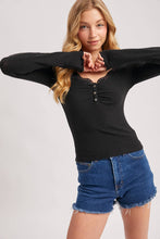Load image into Gallery viewer, LACE TRIM BUTTON DOWN HENLEY KNIT TOP
