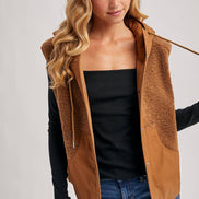SHERPA FLEECE HOODED VEST WITH FAUX SUEDE INNER