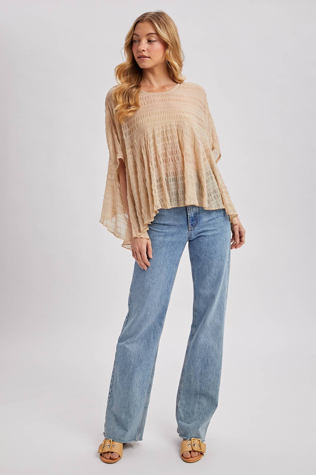 SHEER ASYMMETRIC TEXTURED CAPE TOP